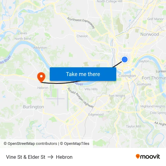Vine St & Elder St to Hebron map