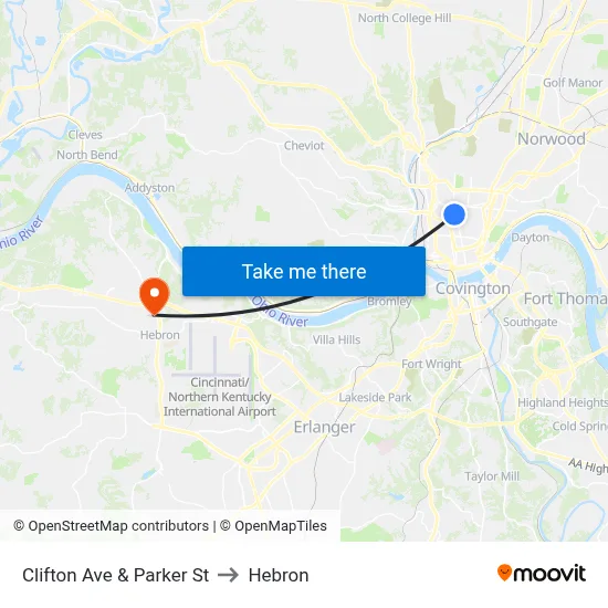 Clifton Ave & Parker St to Hebron map