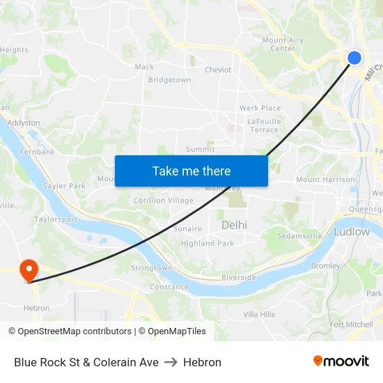 Blue Rock St & Colerain Ave to Hebron map