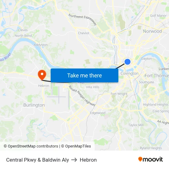 Central Pkwy & Baldwin Aly to Hebron map