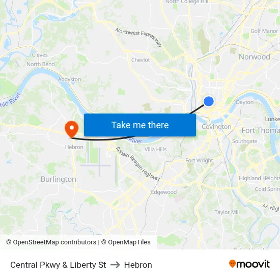 Central Pkwy & Liberty St to Hebron map
