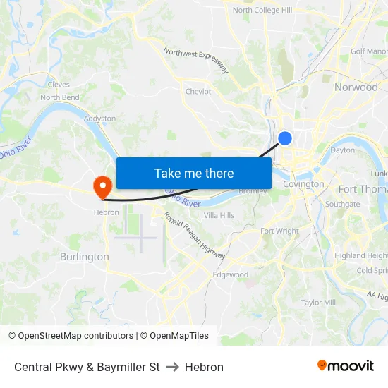 Central Pkwy & Baymiller St to Hebron map