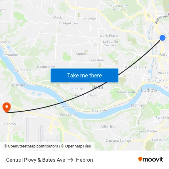 Central Pkwy & Bates Ave to Hebron map