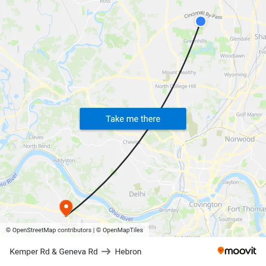 Kemper Rd & Geneva Rd to Hebron map