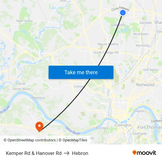 Kemper Rd & Hanover Rd to Hebron map