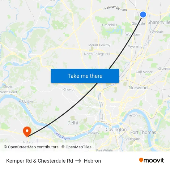 Kemper Rd & Chesterdale Rd to Hebron map