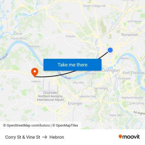 Corry St & Vine St to Hebron map