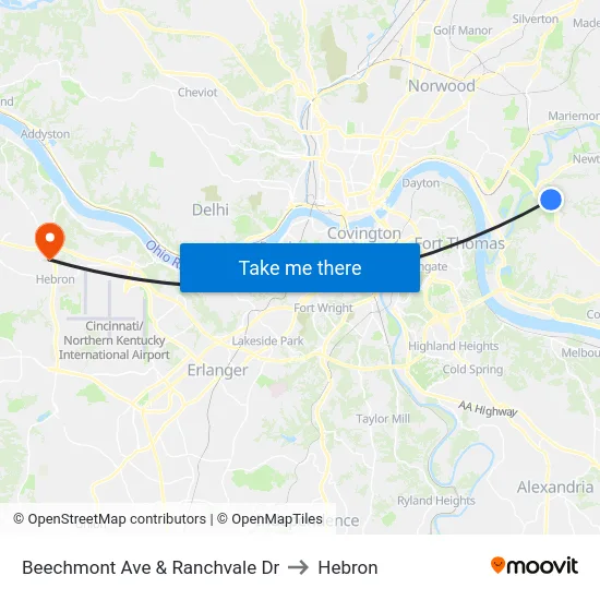 Beechmont Ave & Ranchvale Dr to Hebron map