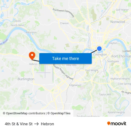 4th St & Vine St to Hebron map