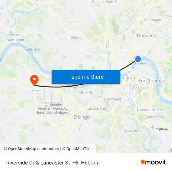 Riverside Dr & Lancaster St to Hebron map
