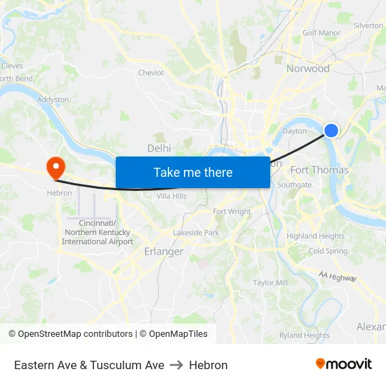 Eastern Ave & Tusculum Ave to Hebron map