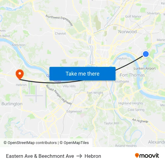 Eastern Ave & Beechmont Ave to Hebron map