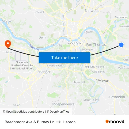 Beechmont Ave & Burney Ln to Hebron map