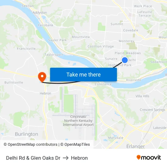 Delhi Rd & Glen Oaks Dr to Hebron map