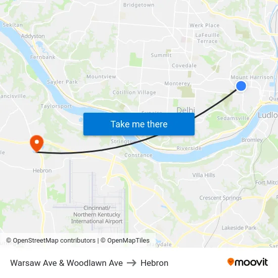 Warsaw Ave & Woodlawn Ave to Hebron map