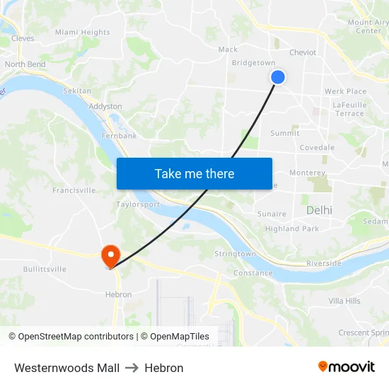 Westernwoods Mall to Hebron map