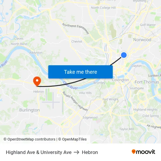 Highland Ave & University Ave to Hebron map