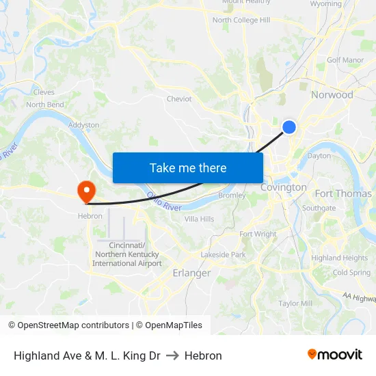 Highland Ave & M. L. King Dr to Hebron map
