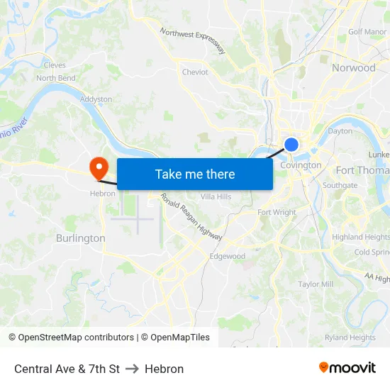 Central Ave & 7th St to Hebron map