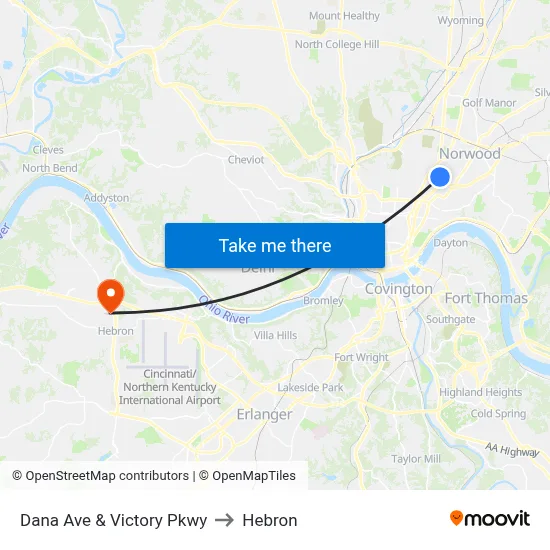 Dana Ave & Victory Pkwy to Hebron map
