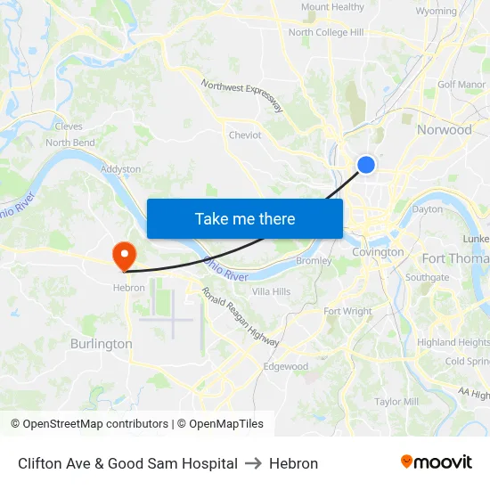 Clifton Ave & Good Sam Hospital to Hebron map