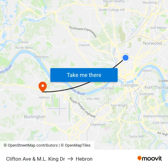 Clifton Ave & M.L. King Dr to Hebron map