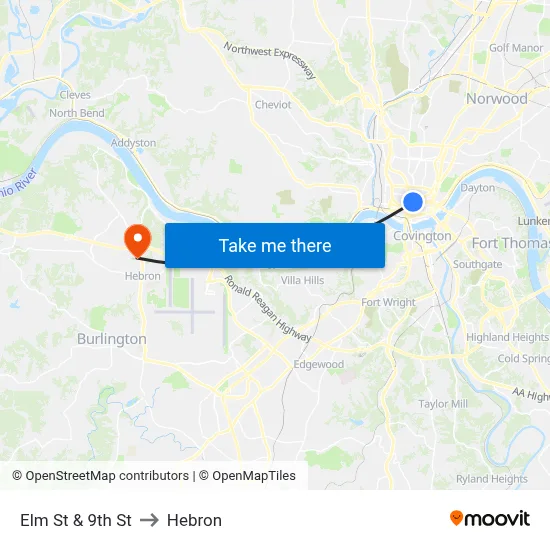 Elm St & 9th St to Hebron map