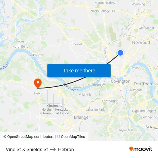 Vine St & Shields St to Hebron map