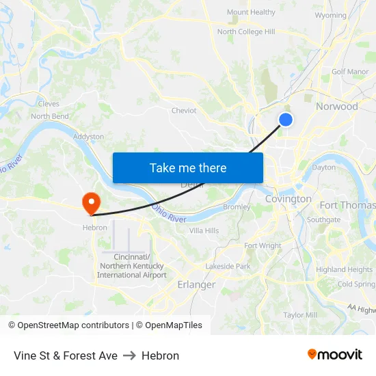 Vine St & Forest Ave to Hebron map