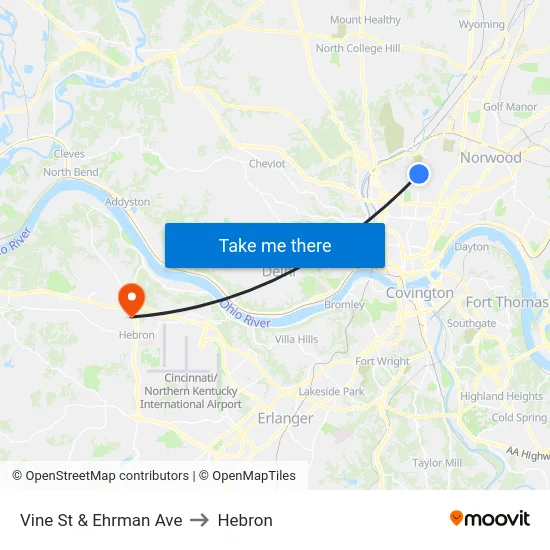 Vine St & Ehrman Ave to Hebron map