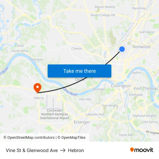 Vine St & Glenwood Ave to Hebron map