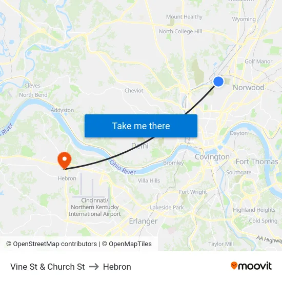 Vine St & Church St to Hebron map