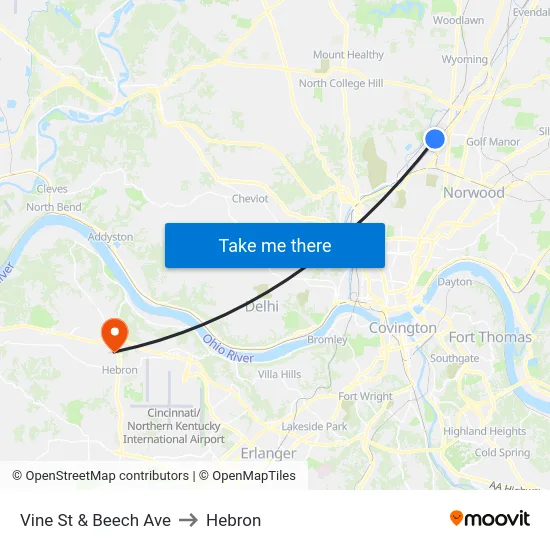 Vine St & Beech Ave to Hebron map