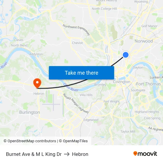 Burnet Ave & M L King Dr to Hebron map
