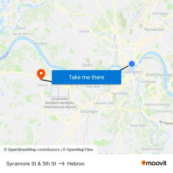 Sycamore St & 5th St to Hebron map