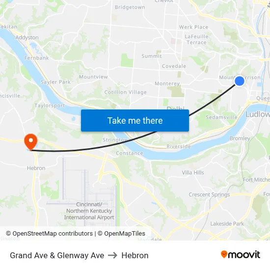 Grand Ave & Glenway Ave to Hebron map