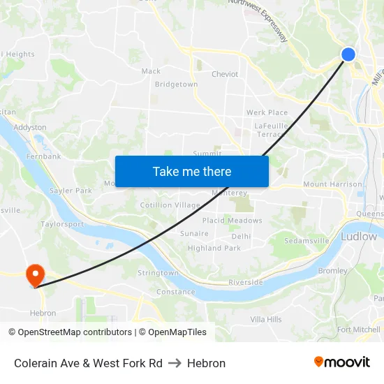 Colerain Ave & West Fork Rd to Hebron map
