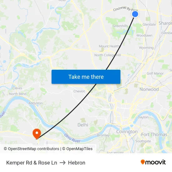 Kemper Rd & Rose Ln to Hebron map