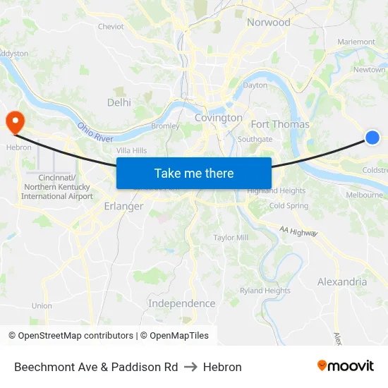 Beechmont Ave & Paddison Rd to Hebron map