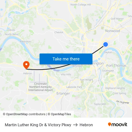 Martin Luther King Dr & Victory Pkwy to Hebron map