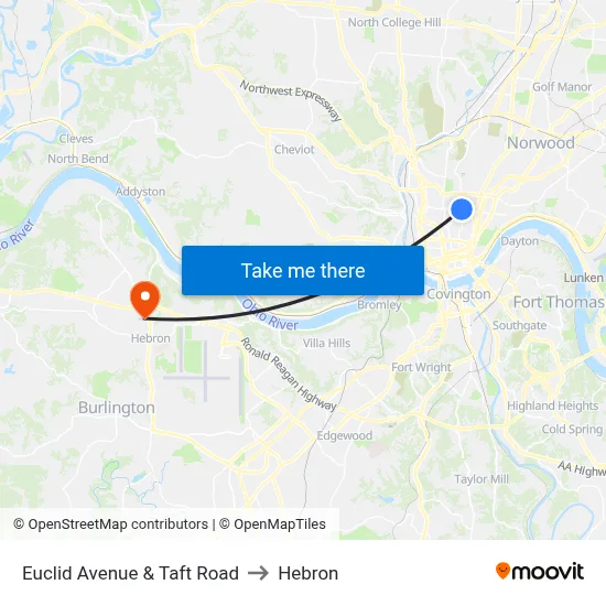Euclid Avenue & Taft Road to Hebron map