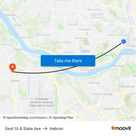 Gest St & State Ave to Hebron map