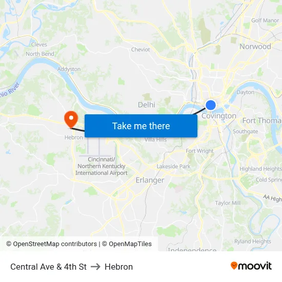 Central Ave & 4th St to Hebron map