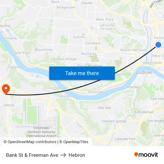 Bank St & Freeman Ave to Hebron map