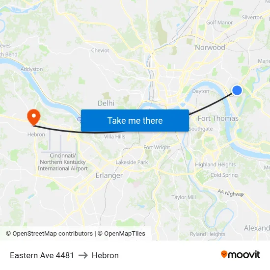 Eastern Ave 4481 to Hebron map