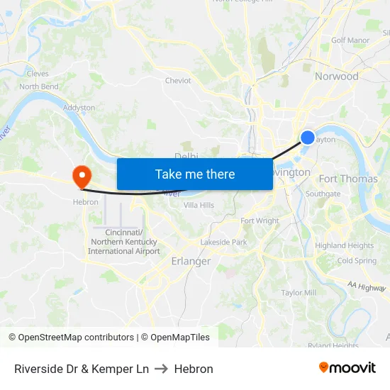 Riverside Dr & Kemper Ln to Hebron map