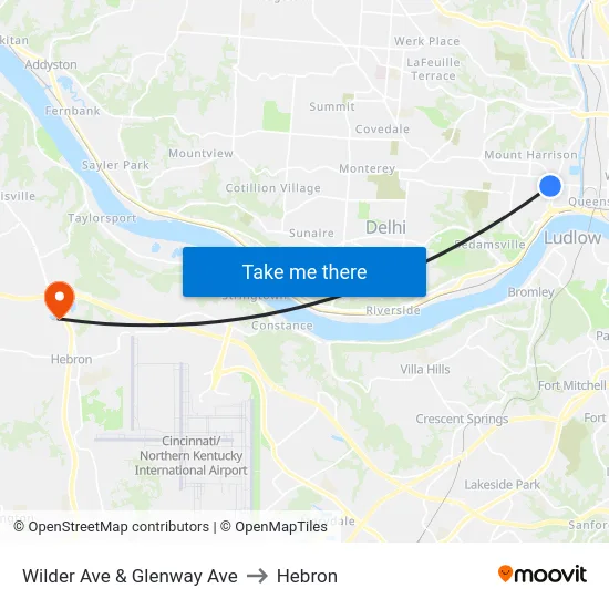 Wilder Ave & Glenway Ave to Hebron map
