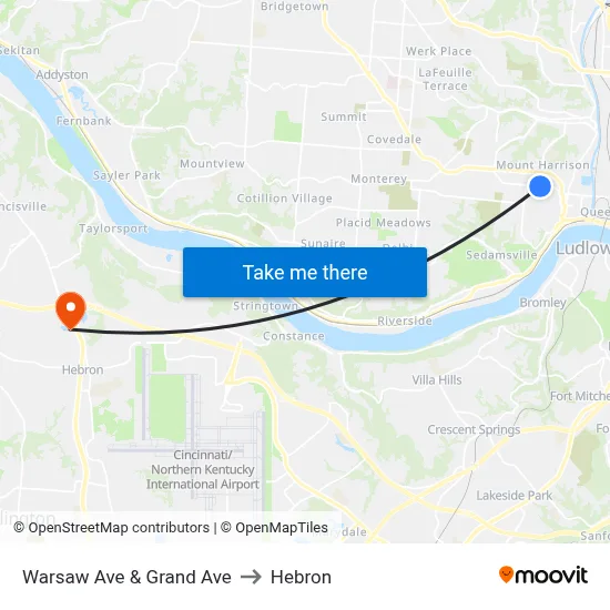 Warsaw Ave & Grand Ave to Hebron map