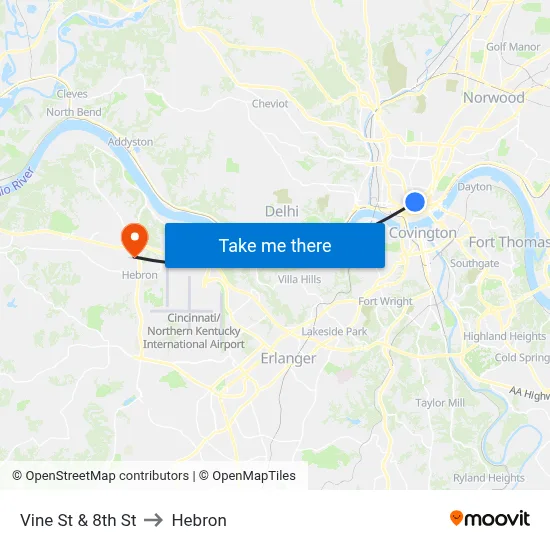 Vine St & 8th St to Hebron map