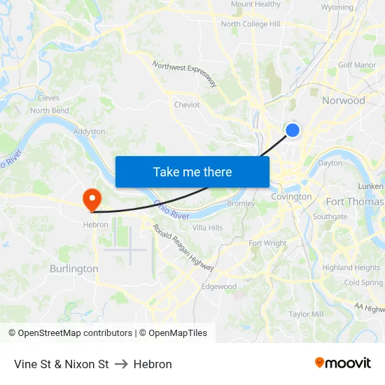 Vine St & Nixon St to Hebron map